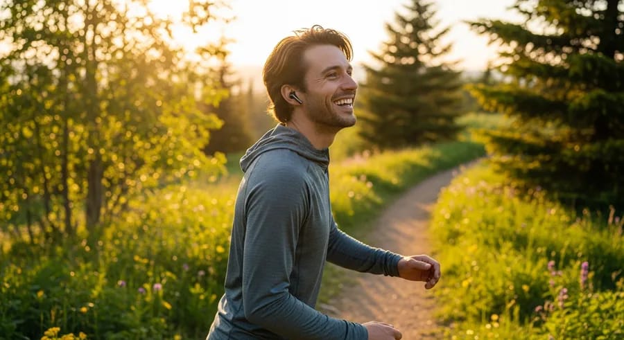 Persoon met oordopjes wandelt glimlachend in de natuur